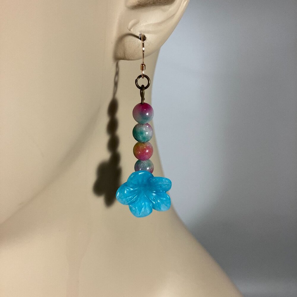 Handcrafted Carved Plumeria Flower Jade Earrings w Watermelon Jade Beads 1-1/2"L
